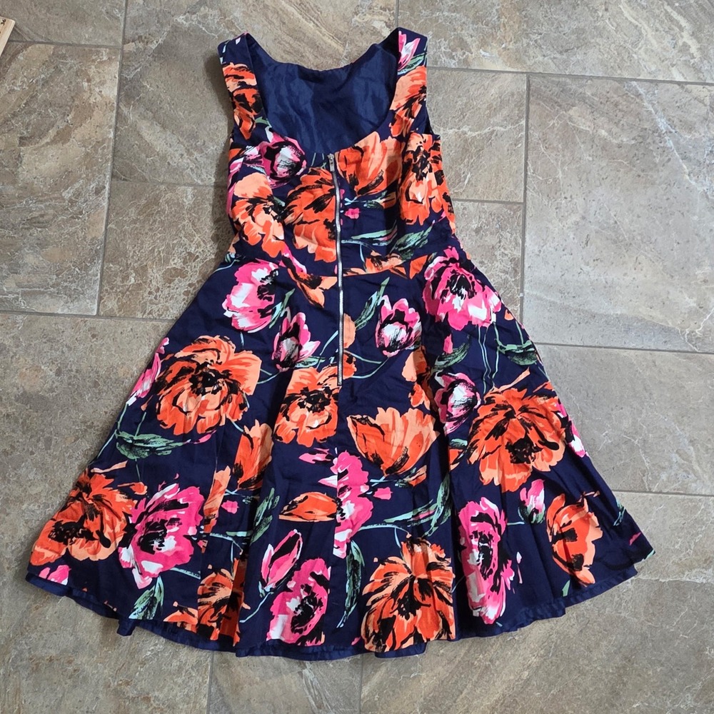 PREMISE DRESSES Navy Blue Floral Print Fit Flare Dress Size 4 Orange‎ Pink Party - Picture 8 of 9